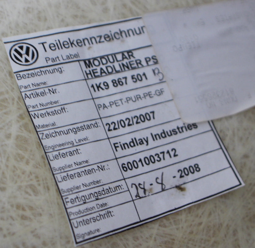 Panoramic Headliner Ceiling 2009 VW Jetta Sportwagen Pure Beige 1K9 867 501