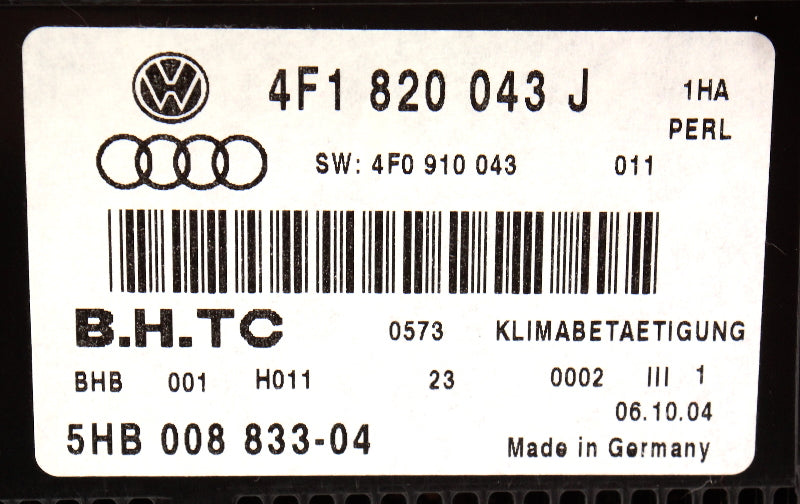 Climate Temp Control HVAC 05-08 Audi A6 S6 C6 Sedan Wagon - 4F1 820 043 J