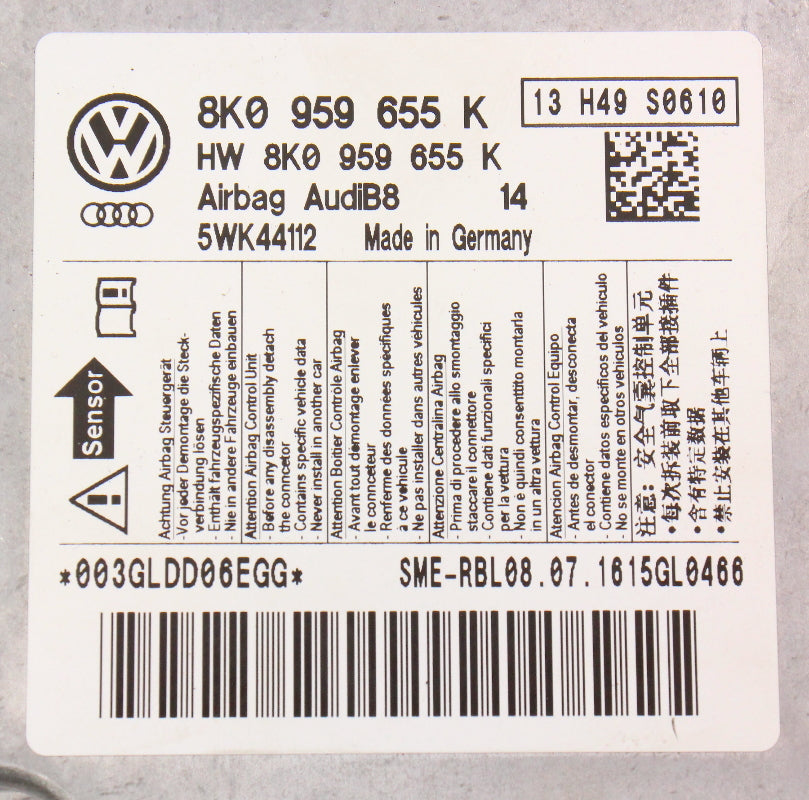 AirBag Air Bag Computer Crash Module 09-12 Audi A4 S4 A5 S5 B8 - 8K0 959 655 K
