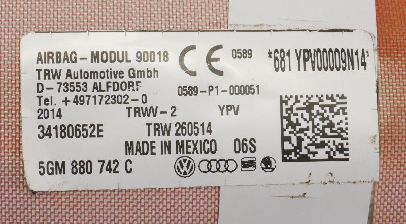 RH Roof Curtain Airbag Air Bag 15-19 VW Golf & GTI MK7 - 5GM 880 742 C