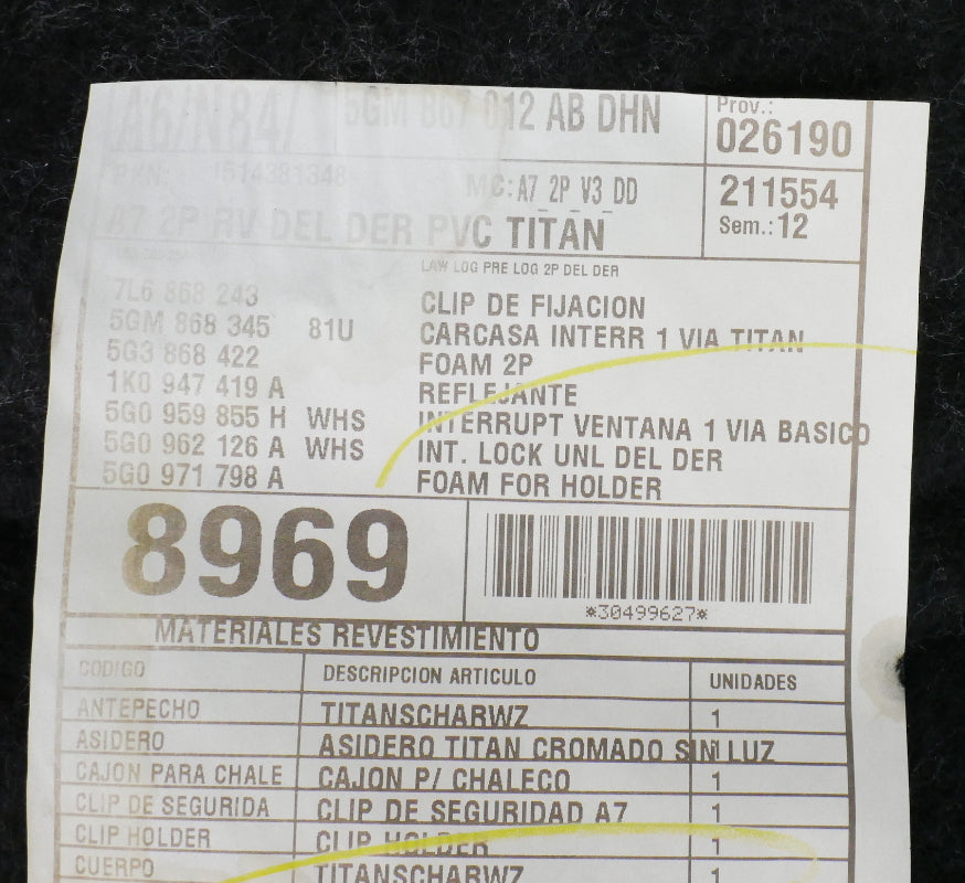 RH Interior Door Panel Card 15-17 VW Golf & GTI MK7 2DR - Genuine 5GM 867 012 AB