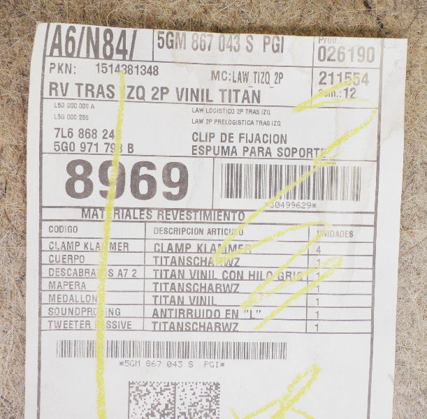 LH Rear Interior Door Side Panel 15-17 VW Golf & GTI MK7 2DR - 5GM 867 043