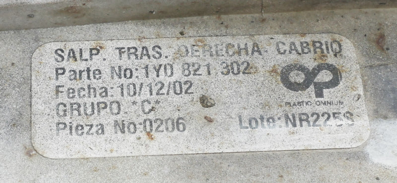 RH Rear Fender 03-05 VW Beetle Convertible - LB1M Beige - Genuine - 1Y0 821 302