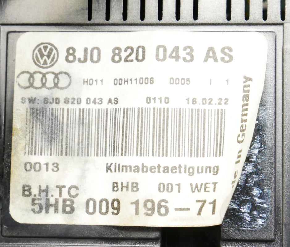 AC Climate Temp Controls HVAC 08-10 Audi TT Coupe Convertible - 8J0 820 043 AS