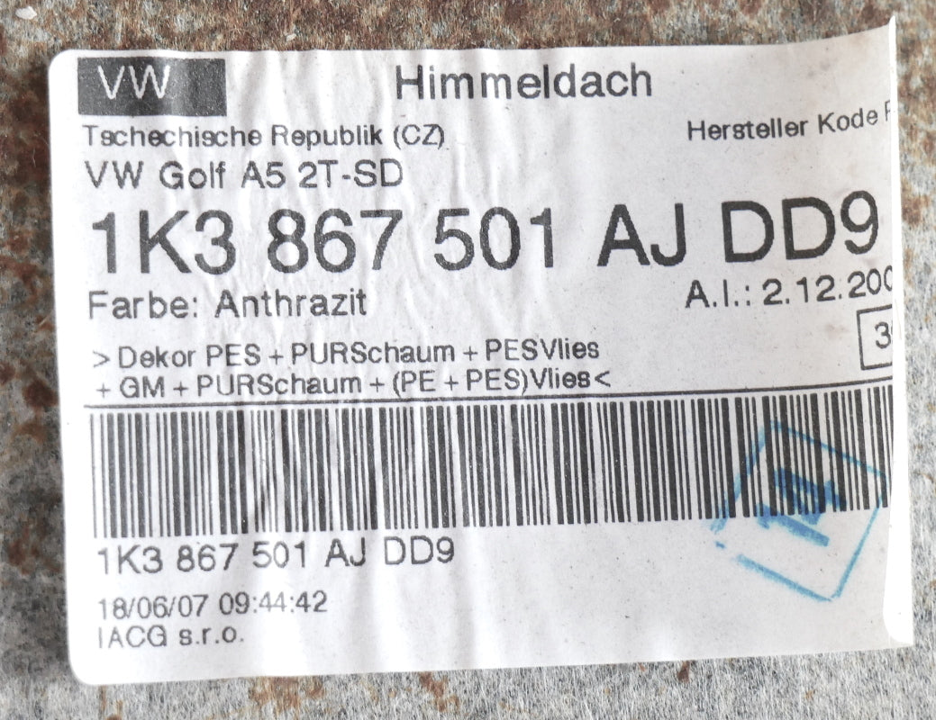 Black Headliner Interior Ceiling 06-09 VW Rabbit GTI R32 MK5 - 1K3 867 501 AJ