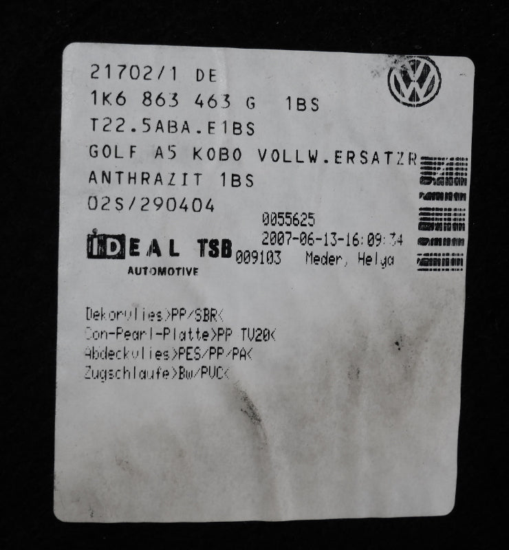 Trunk Hatch Floor Carpet Mat 06-09 VW Rabbit GTI R32 MK5 ~ Genuine 1K6 863 463 G