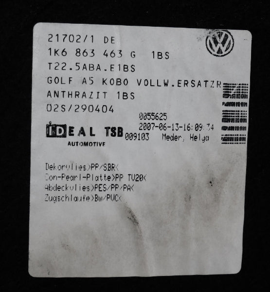 Trunk Hatch Floor Carpet Mat 06-09 VW Rabbit GTI R32 MK5 ~ Genuine 1K6 863 463 G