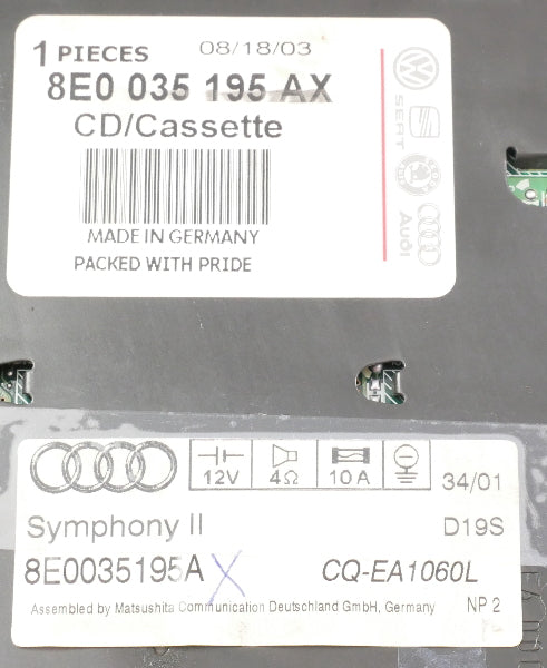 Symphony II Radio Head Unit Tape CD Player 02-04 Audi A4 S4 B6 - 8E0 035 195 AX