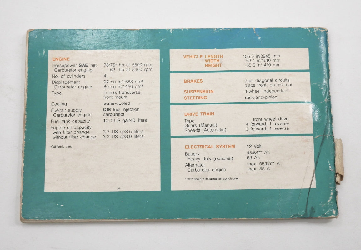 Original Owners Manual Book 1980 80 Volkswagen VW Rabbit MK1 ~ Genuine ~