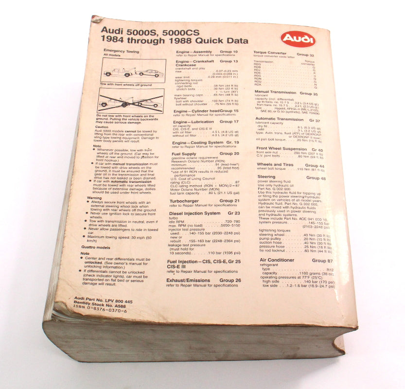 Official Factory Repair Manual Bentley 84-88 Audi 5000S 5000CS - LPV 800 445