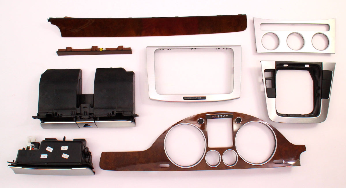 Wood & Brushed Silver Interior Dash Trim Set 06-10 VW Passat B6 - Genuine