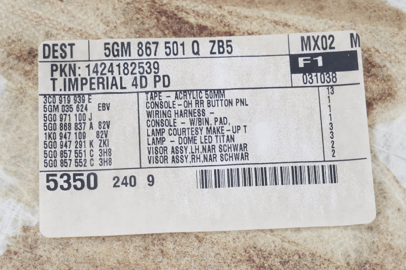 Black Headliner Ceiling Trim 2015 VW Golf GTI MK7 - Genuine - 5GM 867 501 Q