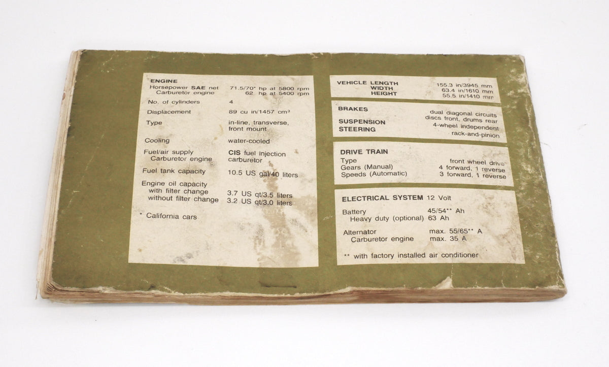 1979 Volkswagen VW Rabbit MK1 Owners Manual Book