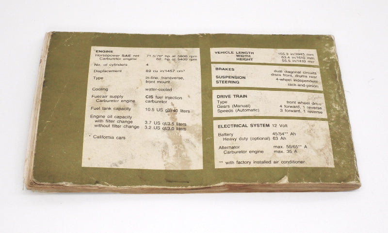 1979 Volkswagen VW Rabbit MK1 Owners Manual Book