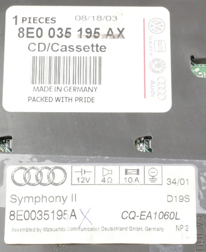 Symphony II Radio Head Unit Tape CD Player 02-04 Audi A4 S4 B6 - 8E0 035 195 AX