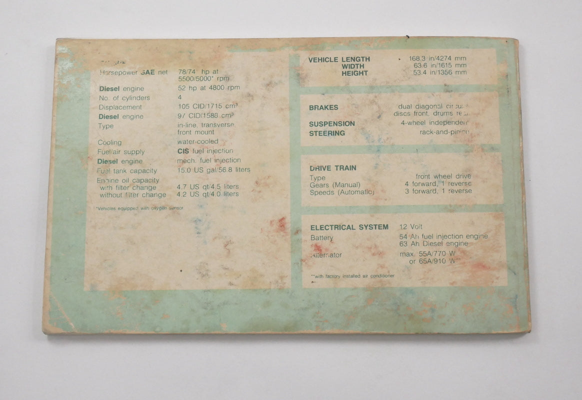 Original Owners Manual Book 1982 82 Volkswagen VW Rabbit Pickup Caddy Truck MK1