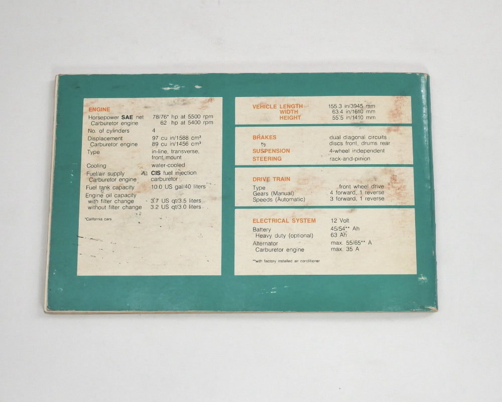 Original Owners Manual Book 1980 80 Volkswagen VW Rabbit MK1 - Genuine