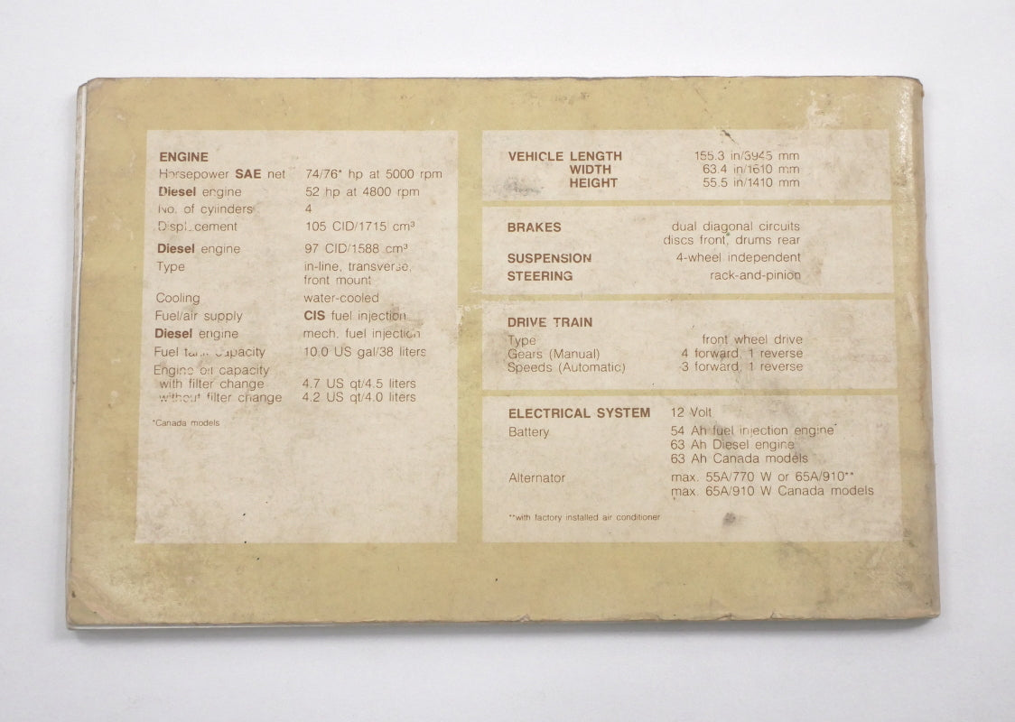 Original Owners Manual Book 1981 81 Volkswagen VW Rabbit MK1 - Genuine