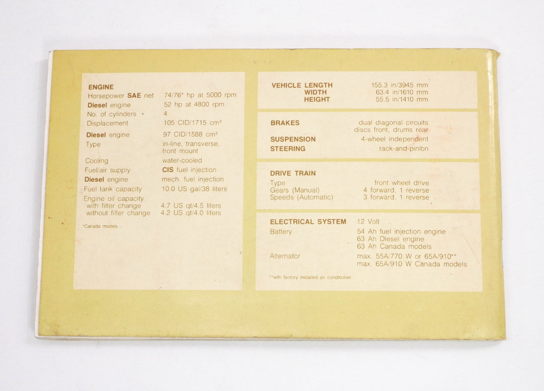 Original Owners Manual Book 1981 81 Volkswagen VW Rabbit MK1 - Genuine -