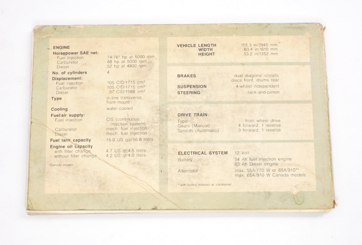 Original Owners Manual Book 1982 82 Volkswagen VW Rabbit MK1 - Genuine