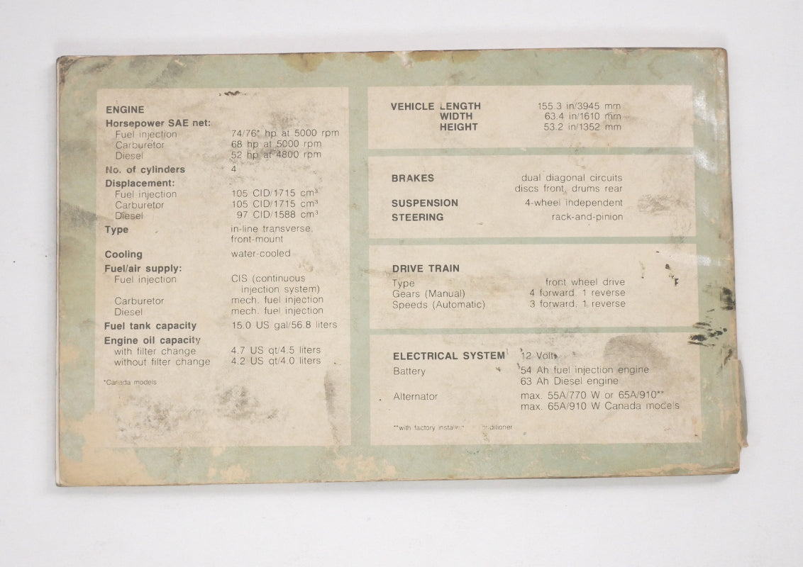 Original Owners Manual Book 1982 82 Volkswagen VW Rabbit MK1 - Genuine -