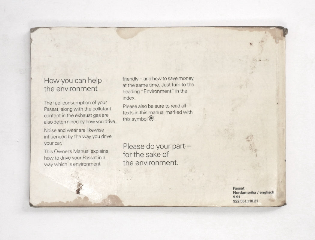 Owners Manual Book 1992 VW Passat B3 - Genuine Volkswagen